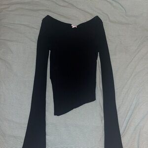 Black Asymmetric Hem Ribbed Top